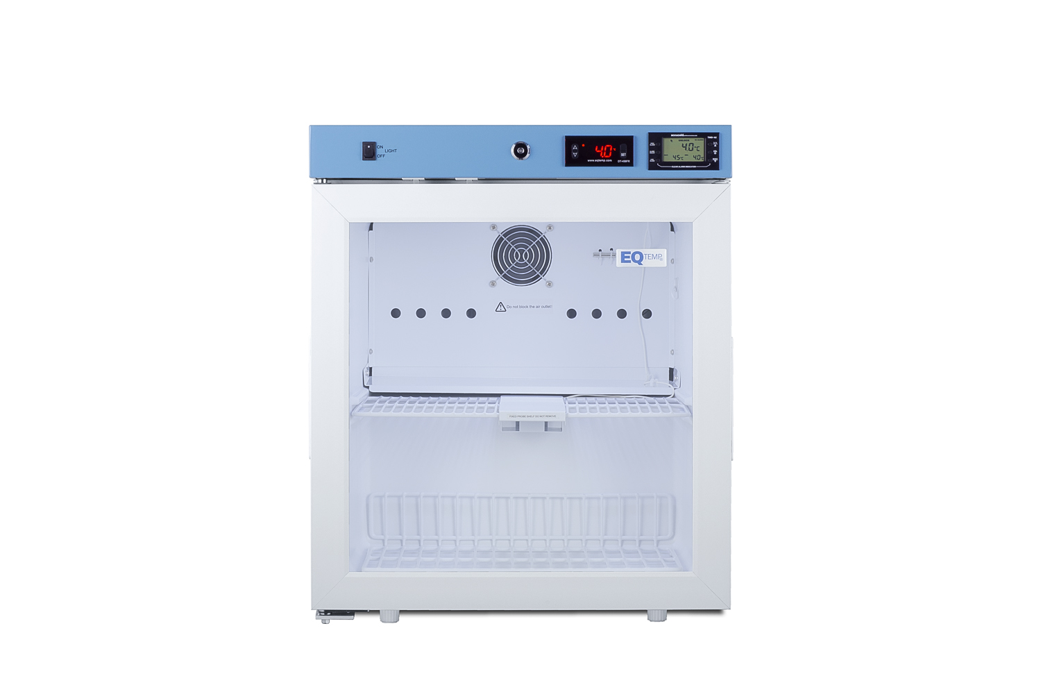 Compact healthcare all-refrigerator certified to NSF/ANSI 456 with self-closing glass door, front lock, digital controls, and NIST-calibrated temperature readout